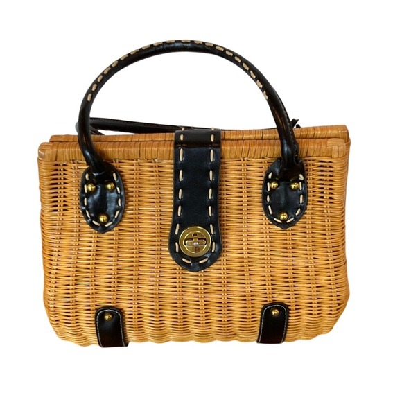Handbags - Tan Black Woven Leather Look Handbag Double Handle Picnic Style Classic Timeless